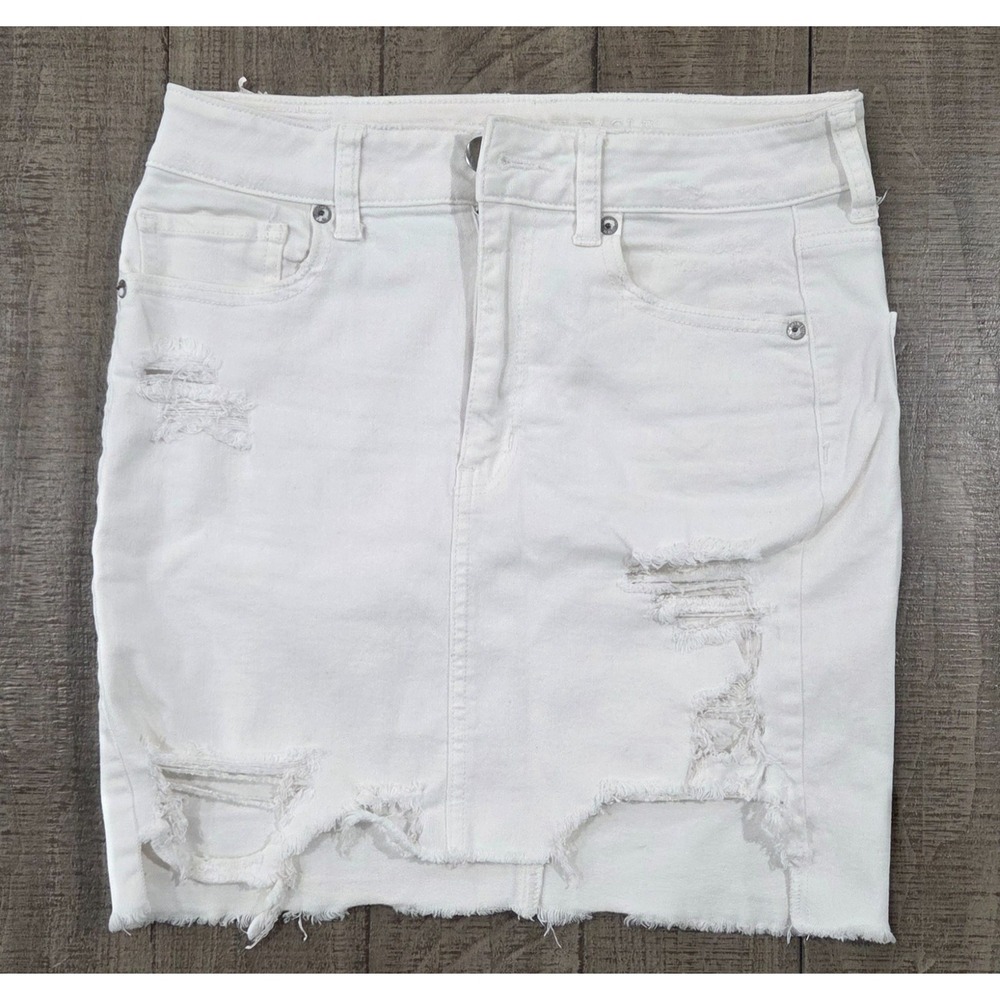 American Eagle Outfitters Skirt Womens 6 White Denim Distressed Raw Hem Mini